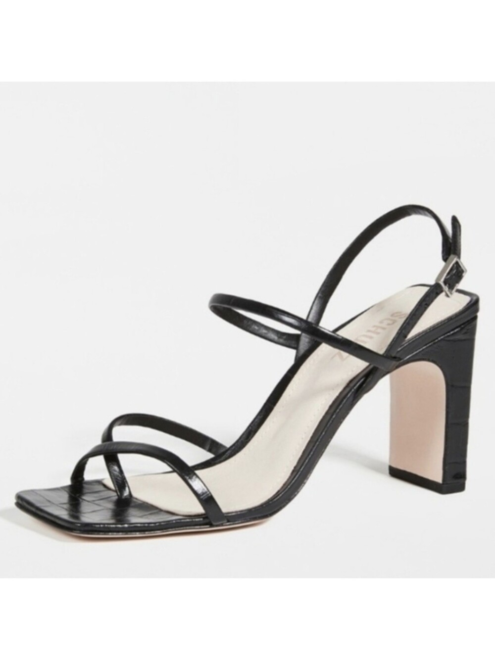 Schutz Amia High Block Black Leather Strap High Heel Sandals